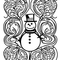 black and white christmas snowman cartoon illustration with swirl ornament background