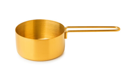 Metal measuring cup on white background