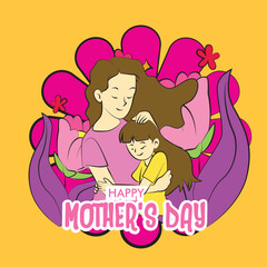 mother's day illustration with mom hug baby and floral frame