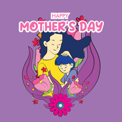 mother's day illustration with mom hug baby and floral frame