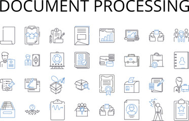 Document processing line icons collection. Report analysis, File management, Data manipulation, Record keeping, Paperwork handling, Document control, Information processing vector and linear