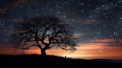 A tree silhouette against a starry night sky. Generative ai