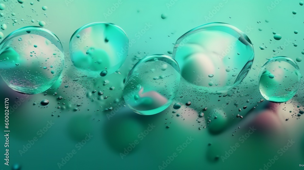 Poster bubbles on a green liquid surface. generative ai