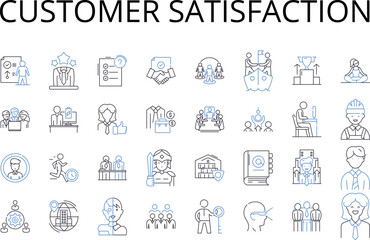 Customer satisfaction line icons collection. Client contentment, Patron pleasure, Shopper cheer, Consumer joy, Audience delight, User gratification, Guest happiness vector and linear illustration