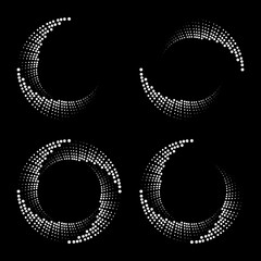 Set of white halftone dots in circle form. Segmented circle. Geometric art. Circular shape. Trendy design element for vector dotted frame, round logo, tattoo, sign, symbol, web pages, print