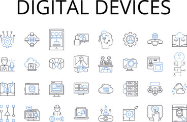 Digital devices line icons collection. Electronic gadgets, Advanced technology, Cyber appliances, Virtual devices, Modern equipment, Hi-tech tools, Futuristic units vector and linear illustration
