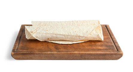 Wooden board with thin lavash on white background