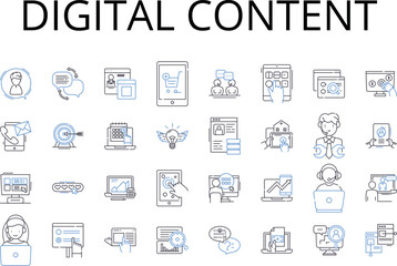 Naklejka na ściany i meble Digital content line icons collection. Online presence, Electronic media, Virtual assets, Cyber information, Web data, Computerized material, Technological resources vector and linear illustration