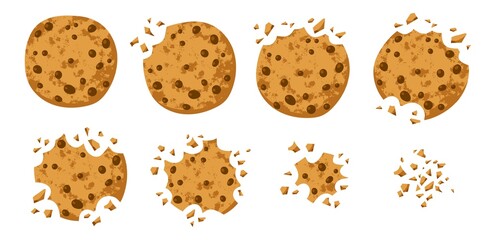 Cartoon crunchy cookies. Bitten tasty biscuits with chocolate drops, traditional american sweets snack, pastry crumbs and pieces, vector set