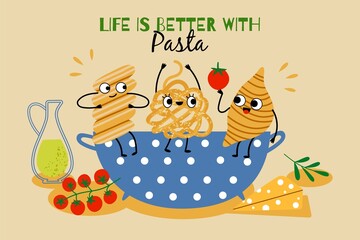 Cartoon pasta characters poster. Cute edible friends sitting in colander, italian food ingredients, smiling products, vector illustration