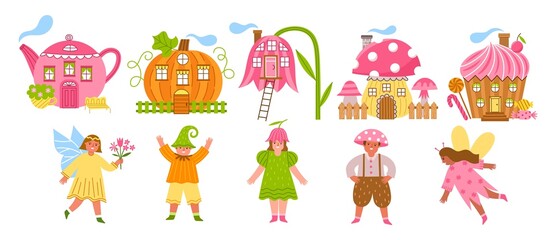 Cartoon fantasy houses for fairies. Cute magical creatures, dwarves, elves, fabulous shapes funny building, cake, flower, teapot, vector set