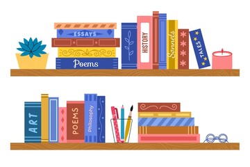 Cozy room cartoon bookshelves. Thick literary volumes rows, bright spines and covers with titles, prose and poetry, home library, vector set © Vectorcreator
