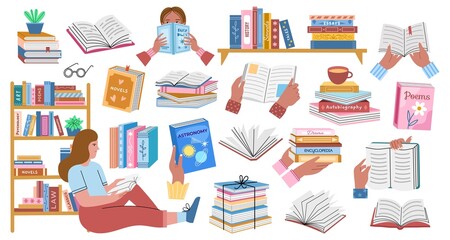 Different covers books. Cute girl reading a book, love of knowledge and learning, stacks, pages, spreads and spines textbooks, vector set