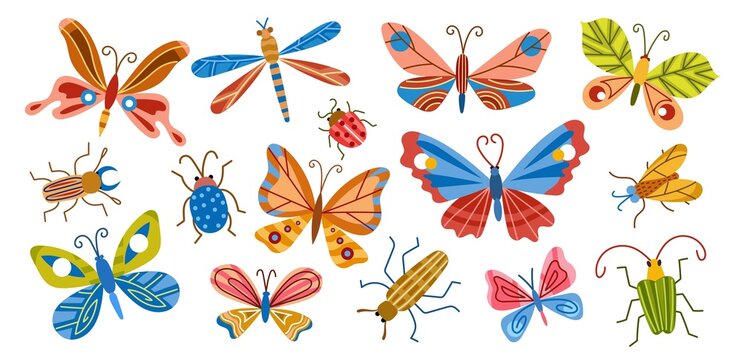 Colorful boho butterflies and decorative bugs. trendy patterned insects, flying and crawling, spring and summer nature, beetles, vector set