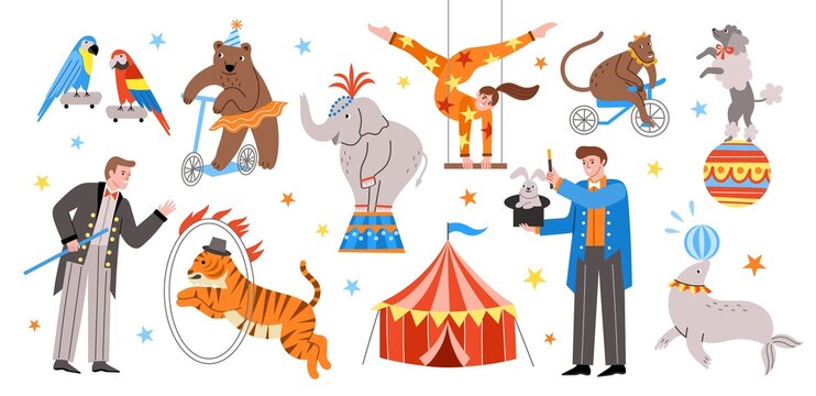 Cute trained circus animals. Actors in costumes, entertainment performance elements, tiger jumps through ring, colorful tent, vector set