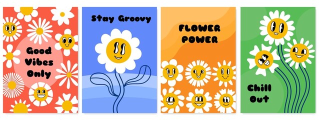 Vintage psychedelic daisy flowers cards. Cartoon smiling funny faces, positive hippies emotions, cute texts, chamomiles, vector posters set