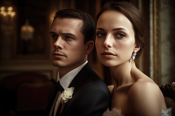 Portrait couple of groom and bride in the luxury hotels, generative AI