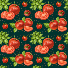 Seamless pattern with compositions of red tomatoes, cherry, peppercorns, bunches and basil leaves. Floral background for textiles, fabrics, wrapping paper and other designs. On a green background