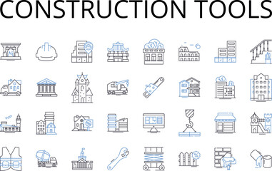 Construction tools line icons collection. Bulldozer, Excavator, Crane, Concrete mixer, Scaffolding, Dump truck, Backhoe vector and linear illustration. Jackhammer,Cement truck,Power drill outline