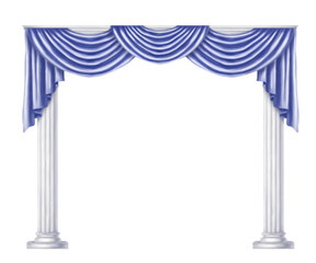 An arch of white marble columns and hanging drapery curtains in the Greek style. Part of ancient ruins, palace, theater stage, scenery of amphitheater. Digital illustration on a white background