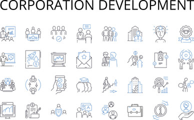 Corporation development line icons collection. Business expansion, Company growth, Entrepreneurship evolution, Enterprise progress, Firm enhancement, Startup evolution, Trade advancement vector and