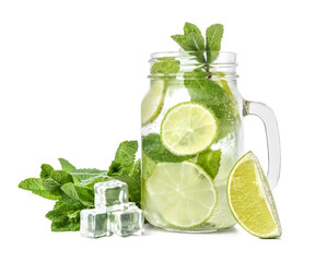 Mason jar of tasty mojito and ingredients on white background