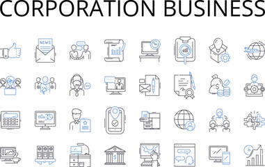 Corporation business line icons collection. Partnership venture, Firm enterprise, Company concern, Establishment organization, Institution establishment, Agency association, Consortium combine vector