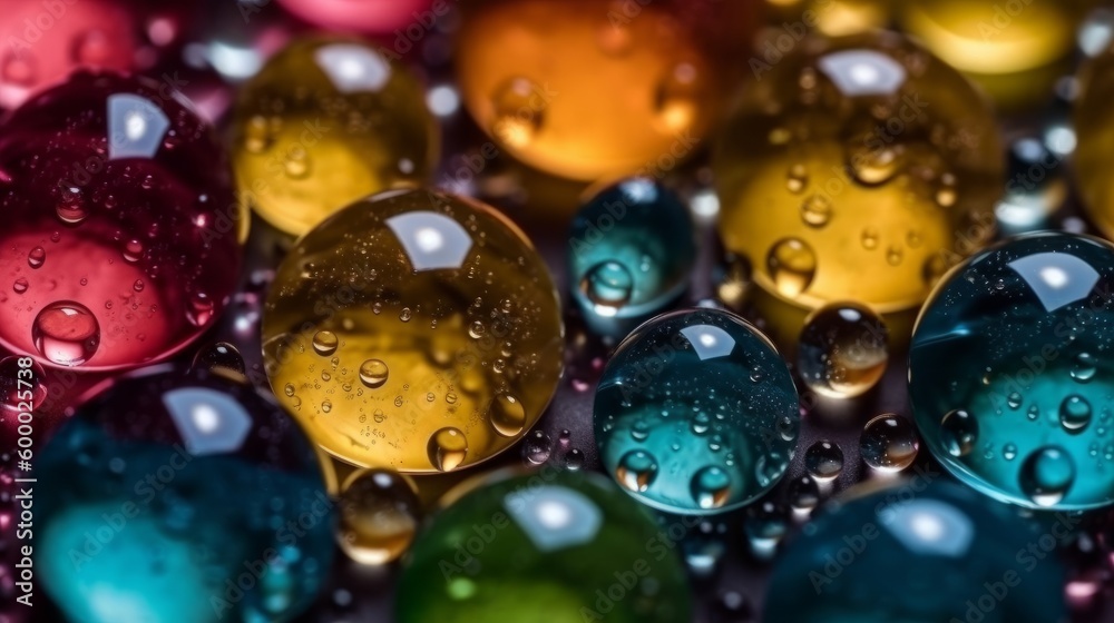 Poster colorful water droplets in macro view. generative ai