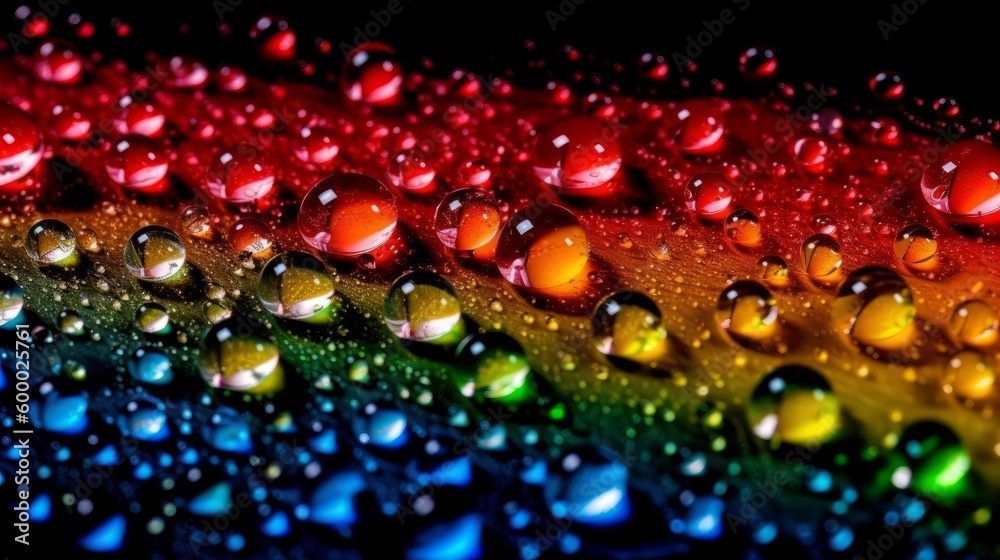 Poster colorful water droplets on a reflective surface with a rainbow effect. generative ai