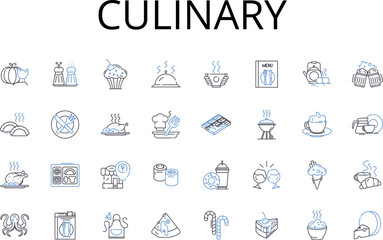 Culinary line icons collection. Delicious cuisine, Gastronomic delight, Tasty cookery, Savory cuisine, Delectable dishes, Flavorful food, Palatable meals vector and linear illustration. Appetizing