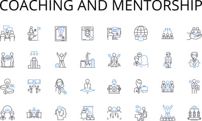Coaching and mentorship line icons collection. Teaching and guidance, Leadership and direction, Training and instruction, Advice and counsel, Education and development, Support and encouragement