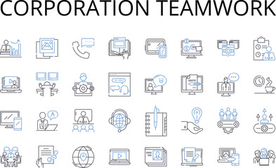 Corporation teamwork line icons collection. Partnership collaboration, Unity harmony, Alliance cooperation, Group effort, Joint venture, Mutual aid, Team effort vector and linear illustration