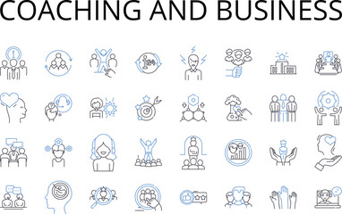 Coaching and business line icons collection. Leadership and management, Marketing and advertising, Nerking and outreach, Organization and planning, Analysis and assessment, Development and growth