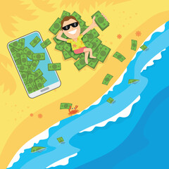 smartphone help businessman make money while relax at the beach.  Smartphone to earn money concept,illustration vector cartoon