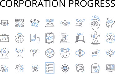 Corporation progress line icons collection. Business expansion, Company development, Enterprise growth, Organization advancement, Firm evolution, Establishment progress, Consortium improvement vector