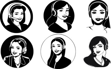 Six Vector Illustrations of Female Call Center Operators with Headsets