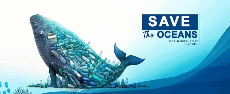Whale with plastic waste for World Ocean Day banner , Generative ai