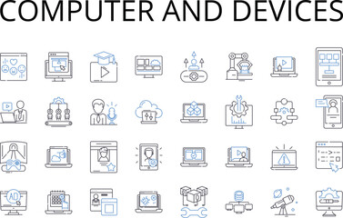 Computer and devices line icons collection. PC, laptop, tablet, smartph, smartwatch, desktop, server vector and linear illustration. gaming console,router,modem outline signs set