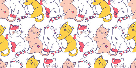 Seamless wallpaper with cute naughty kittens in line. Funny crowd, cartoon wallpaper with cats. Background with animal characters for fabric design, wrapping paper.