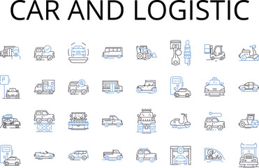 Car and logistic line icons collection. Vehicle and transportation, Automobile and conveyance, Truck and haulage, Bike and conveyance, Van and carriage, Scooter and transportation, Bus and transit