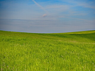 Fototapeta na wymiar hügel natur landschaft weite landschaft blauer himmel grüne wiese ruhe entspannung 