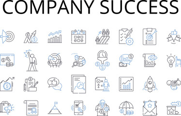 Company success line icons collection. Corporate achievements, Business prosperity, Organization triumph, Firm progress, Company victory, Enterprise growth, Commercial accomplishments vector and
