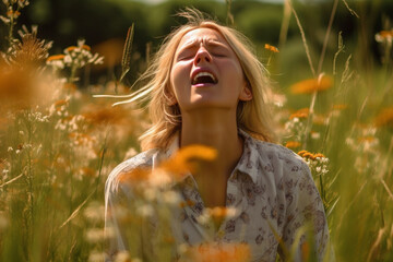 young adult woman in the grass, meadow, hay fever or sneezing, beginning of spring and allergies. Generative AI