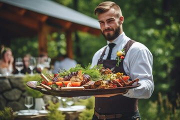 Waiter carrying plates with meat dish on some festive event, party or wedding reception restaurant Generative AI
