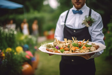 Waiter carrying plates with meat dish on some festive event, party or wedding reception restaurant Generative AI