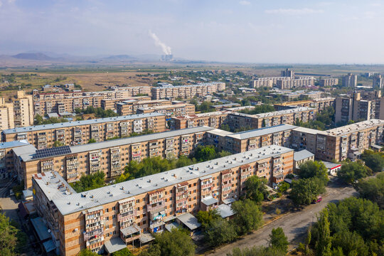 Aerial view of Metsamor town and Nuclear Power Plant on sunny day. Armavir Province, Armenia.