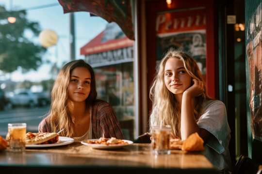 young adult women teenager, outdoors in their free time at a restaurant or bar, friends together. Generative AI
