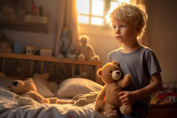 Toddler, sad or nearly crying young boy child kid at home on bed in the children's room with teddy bear soft toy, in the morning or at sunset Generative AI