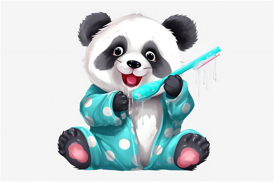 Cute cartoon Panda wash clean teeth cute. Dental toothbrush healthy concept. illustration. post processed AI generated image