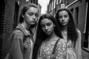 Fototapeta premium young women or teenagers, young girls outside on a side street, group of friends in free time. Generative AI
